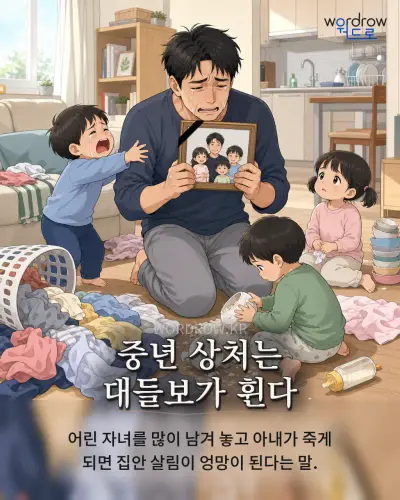 한국어 속담 “중년 상처는 대들보가 휜다” 1컷 일러스트