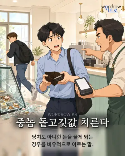 한국어 속담 “중놈 돝고깃값 치른다” 1컷 일러스트