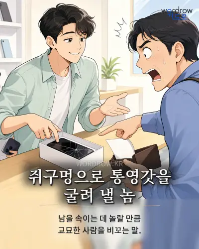 한국어 속담 “쥐구멍으로 통영갓을 굴려 낼 놈” 1컷 일러스트