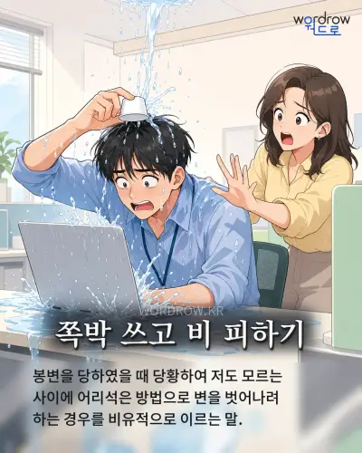 한국어 속담 “쪽박 쓰고 비 피하기” 1컷 일러스트