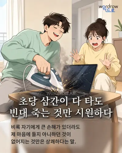 한국어 속담 “초당 삼간이 다 타도 빈대 죽는 것만 시원하다” 1컷 일러스트