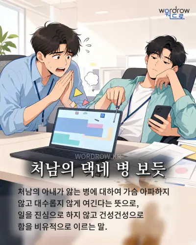 한국어 속담 “처남의 댁네 병 보듯” 1컷 일러스트