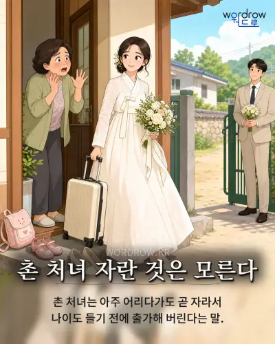 한국어 속담 “촌 처녀 자란 것은 모른다” 1컷 일러스트