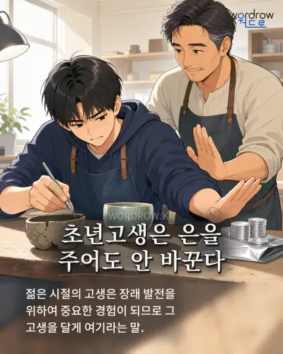한국어 속담 “초년고생은 은을 주어도 안 바꾼다” 1컷 일러스트