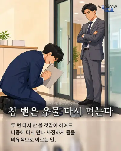 한국어 속담 “침 뱉은 우물 다시 먹는다”를 한 장면으로 담은 1컷 일러스트