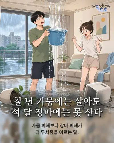 한국어 속담 “칠 년 가뭄에는 살아도 석 달 장마에는 못 산다” 1컷 일러스트