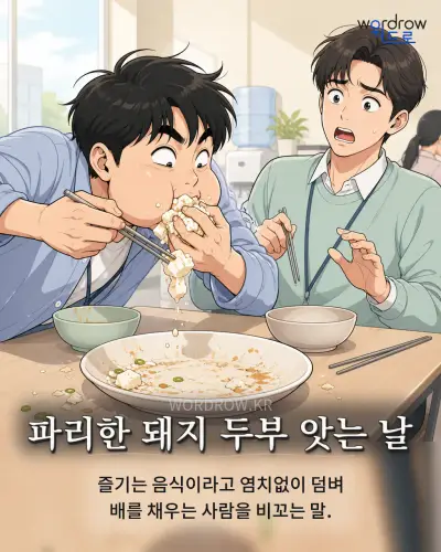 한국어 속담 “파리한 돼지 두부 앗는 날” 1컷 일러스트