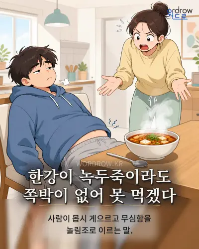 한국어 속담 “한강이 녹두죽이라도 쪽박이 없어 못 먹겠다” 1컷 일러스트