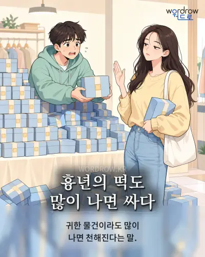 한국어 속담 “흉년의 떡도 많이 나면 싸다” 1컷 일러스트