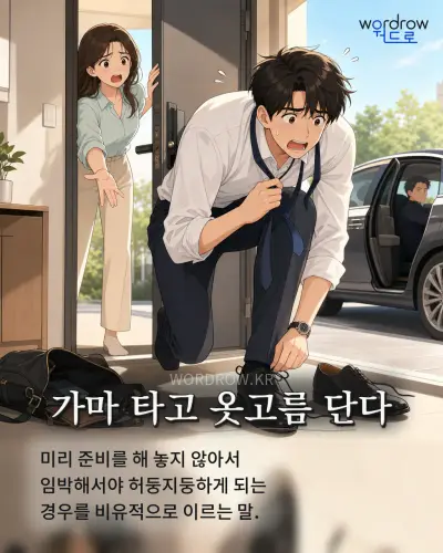 한국어 속담 “가마 타고 옷고름 단다” 1컷 일러스트