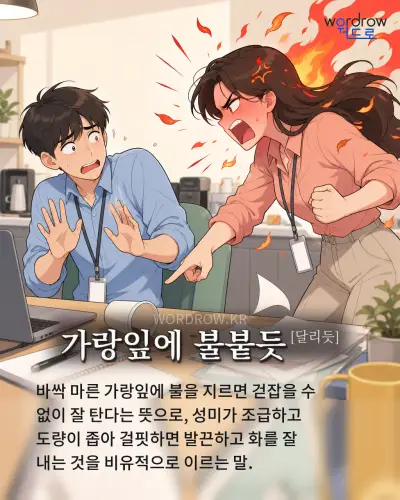 한국어 속담 “가랑잎에 불붙듯[달리듯]” 1컷 일러스트