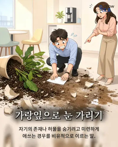한국어 속담 “가랑잎으로 눈 가리기” 1컷 일러스트