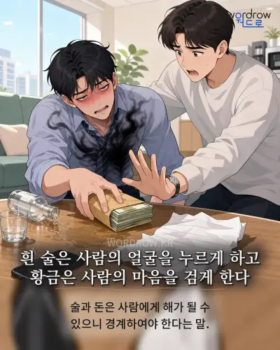 한국어 속담 “흰 술은 사람의 얼굴을 누르게 하고 황금은 사람의 마음을 검게 한다” 1컷 일러스트