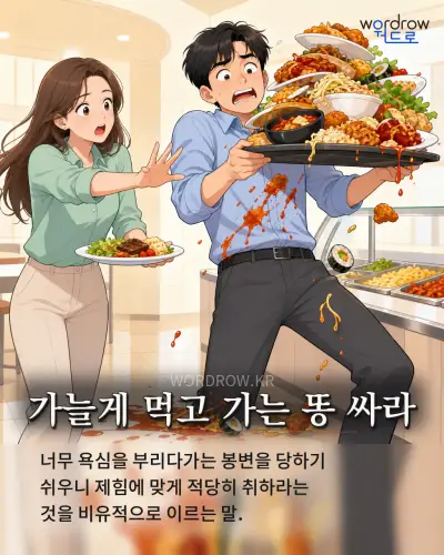한국어 속담 “가늘게 먹고 가는 똥 싸라” 1컷 일러스트
