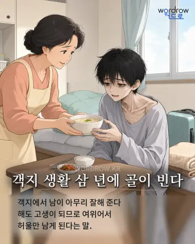 한국어 속담 “객지 생활 삼 년에 골이 빈다” 1컷 일러스트