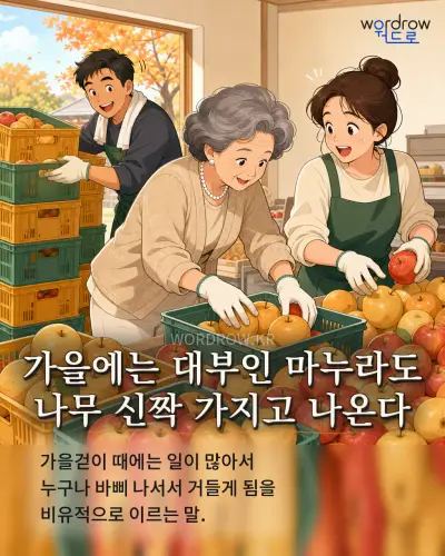 한국어 속담 “가을에는 대부인 마누라도 나무 신짝 가지고 나온다” 1컷 일러스트