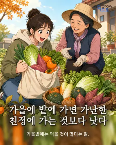 한국어 속담 “가을에 밭에 가면 가난한 친정에 가는 것보다 낫다” 1컷 일러스트