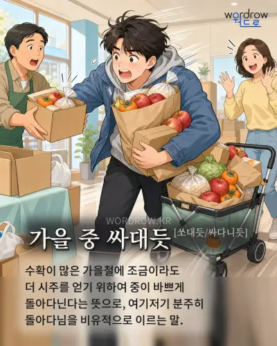 한국어 속담 “가을 중 싸대듯” 1컷 일러스트