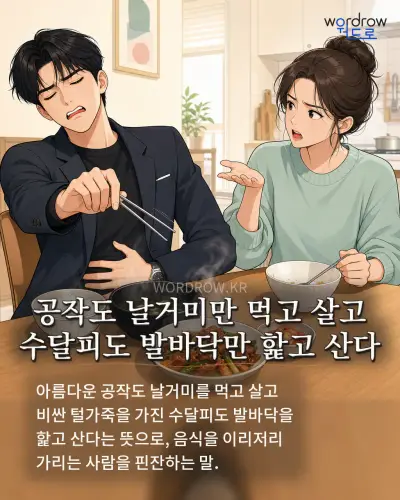 한국어 속담 “공작도 날거미만 먹고 살고 수달피도 발바닥만 핥고 산다” 1컷 일러스트