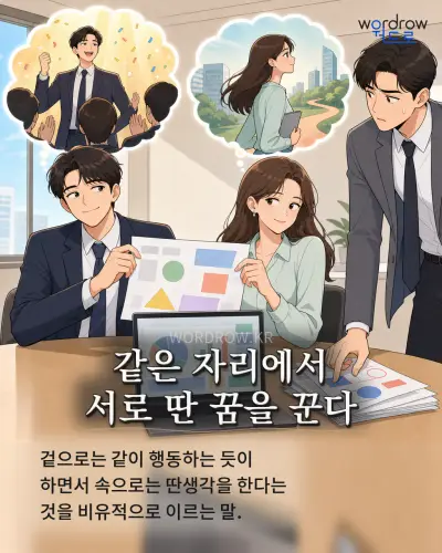 한국어 속담 “같은 자리에서 서로 딴 꿈을 꾼다” 1컷 일러스트