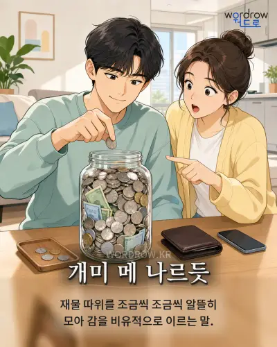 한국어 속담 “개미 메 나르듯” 1컷 일러스트