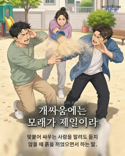 한국어 속담 “개싸움에는 모래가 제일이라” 1컷 일러스트