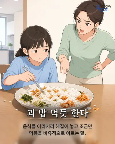 한국어 속담 “괴 밥 먹듯 한다” 1컷 일러스트