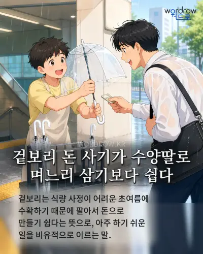한국어 속담 “겉보리 돈 사기가 수양딸로 며느리 삼기보다 쉽다” 1컷 일러스트