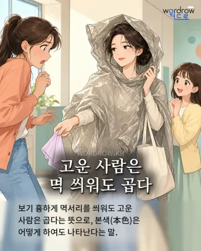 한국어 속담 “고운 사람은 멱 씌워도 곱다” 1컷 일러스트
