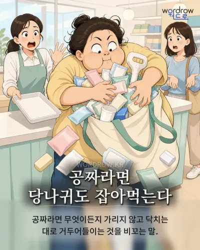 한국어 속담 “공짜라면 당나귀도 잡아먹는다” 1컷 일러스트