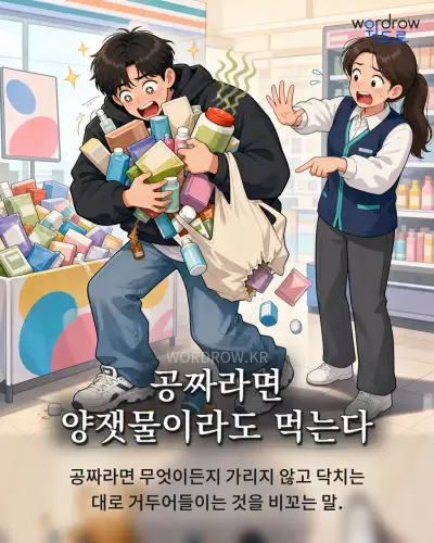 한국어 속담 “공짜라면 양잿물이라도 먹는다” 1컷 일러스트