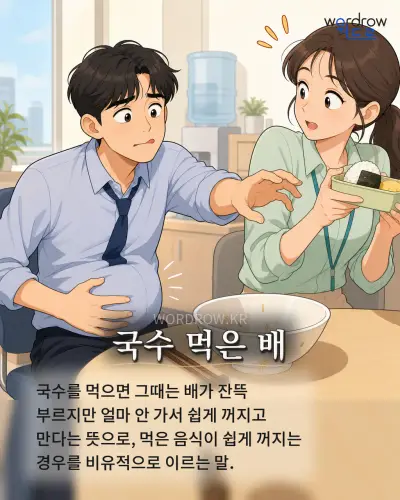 한국어 속담 “국수 먹은 배” 1컷 일러스트