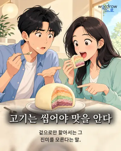 한국어 속담 “고기는 씹어야 맛을 안다” 1컷 일러스트