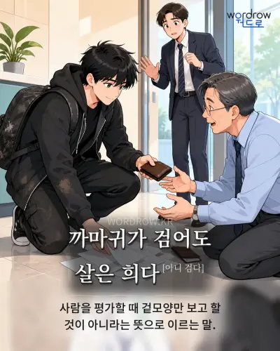 한국어 속담 “까마귀가 검어도 살은 희다”를 한 장면으로 담은 1컷 일러스트