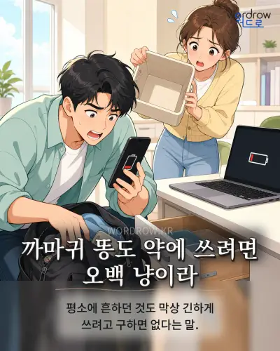 한국어 속담 “까마귀 똥도 약에 쓰려면 오백 냥이라” 1컷 일러스트