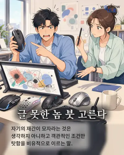 한국어 속담 “글 못한 놈 붓 고른다” 1컷 일러스트