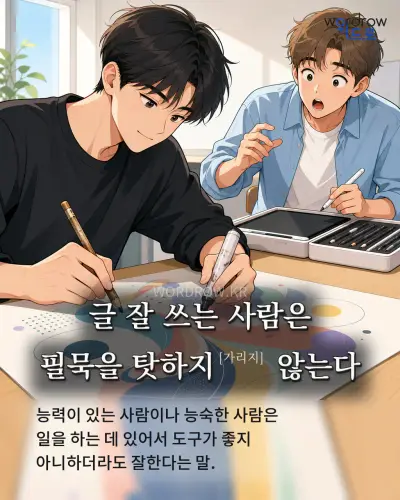 한국어 속담 “글 잘 쓰는 사람은 필묵을 탓하지 않는다” 1컷 일러스트