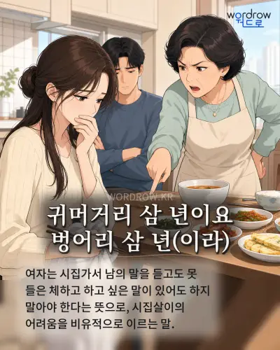 한국어 속담 “귀머거리 삼 년이요 벙어리 삼 년(이라)” 1컷 일러스트