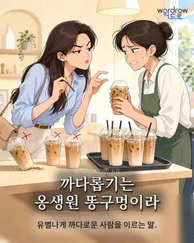 한국어 속담 “까다롭기는 옹생원 똥구멍이라” 1컷 일러스트
