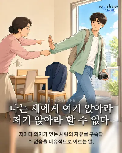 한국어 속담 “나는 새에게 여기 앉아라 저기 앉아라 할 수 없다” 1컷 일러스트