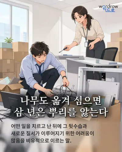 한국어 속담 “나무도 옮겨 심으면 삼 년은 뿌리를 앓는다” 1컷 일러스트