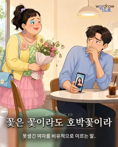 한국어 속담 “꽃은 꽃이라도 호박꽃이라” 1컷 일러스트
