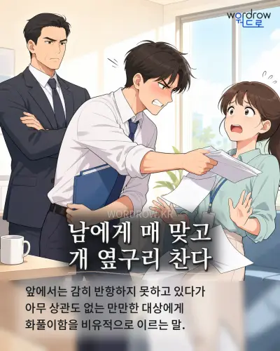 한국어 속담 “남에게 매 맞고 개 옆구리 찬다” 1컷 일러스트