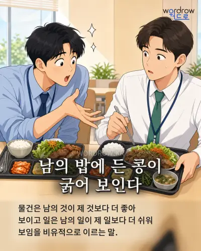 한국어 속담 “남의 밥에 든 콩이 굵어 보인다” 1컷 일러스트