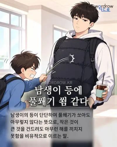한국어 속담 “남생이 등에 풀쐐기 쐼 같다” 1컷 일러스트