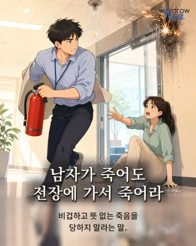 한국어 속담 “남자가 죽어도 전장에 가서 죽어라” 1컷 일러스트