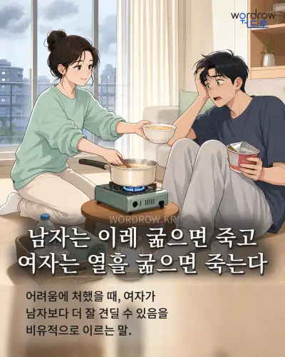 한국어 속담 “남자는 이레 굶으면 죽고 여자는 열흘 굶으면 죽는다” 1컷 일러스트