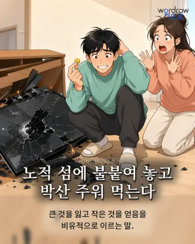 한국어 속담 “노적 섬에 불붙여 놓고 박산 주워 먹는다” 1컷 일러스트