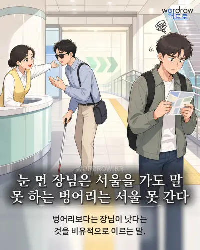 한국어 속담 “눈 먼 장님은 서울을 가도 말 못 하는 벙어리는 서울 못 간다” 1컷 일러스트