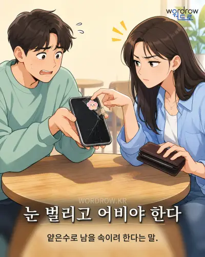 한국어 속담 “눈 벌리고 어비야 한다” 1컷 일러스트